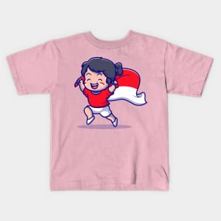 Cute Girl Holding Indonesian Flag Cartoon Kids T-Shirt